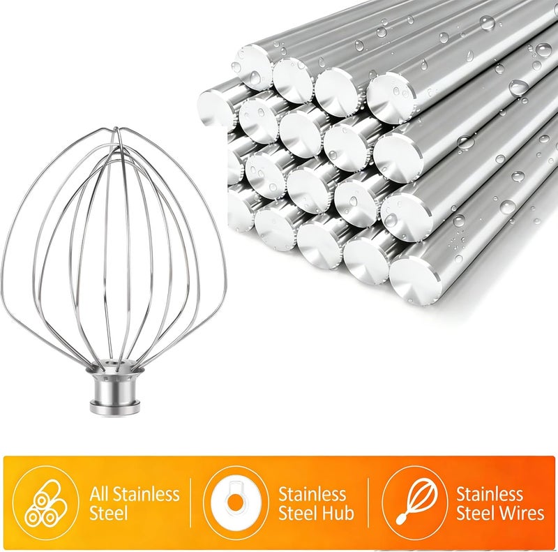 TIZZE ملحق الخفق KN256WW لخلاطات KitchenAid سعة 6 كوارت من نوع رفع الوعاء - خفاقة من الفولاذ المقاوم للصدأ بالكامل بستة أسلاك آمنة للغسيل في غسالة الأطباق - ثقيلة للخفق السريع للكريمة والبيض والمايونيز والكيك - Image 2