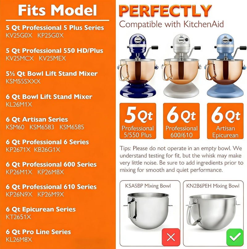 TIZZE ملحق الخفق KN256WW لخلاطات KitchenAid سعة 6 كوارت من نوع رفع الوعاء - خفاقة من الفولاذ المقاوم للصدأ بالكامل بستة أسلاك آمنة للغسيل في غسالة الأطباق - ثقيلة للخفق السريع للكريمة والبيض والمايونيز والكيك - Image 4