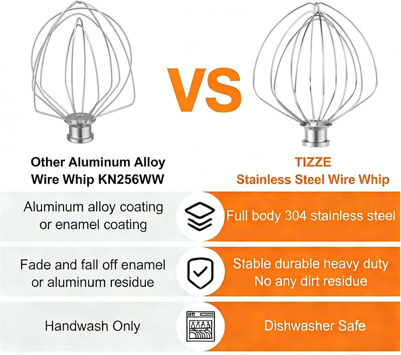 TIZZE ملحق الخفق KN256WW لخلاطات KitchenAid سعة 6 كوارت من نوع رفع الوعاء - خفاقة من الفولاذ المقاوم للصدأ بالكامل بستة أسلاك آمنة للغسيل في غسالة الأطباق - ثقيلة للخفق السريع للكريمة والبيض والمايونيز والكيك - Image 5