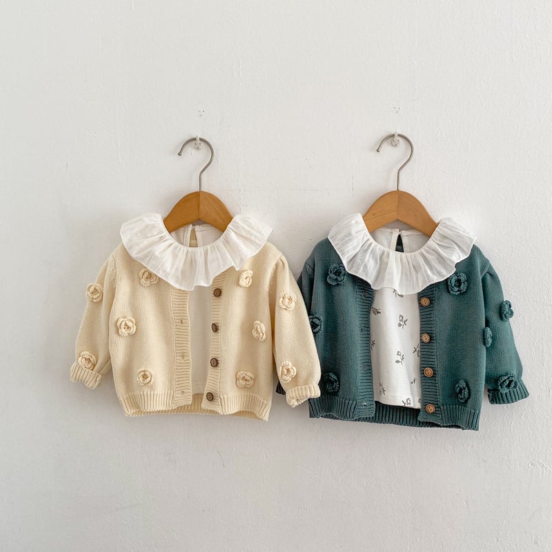 2025 Autumn Infants and Toddlers 0-3 Years Old Baby Girl Handmade Flower Knitted Cotton Gauze Jacket Round Neck Sweater Cardigan - Image 4