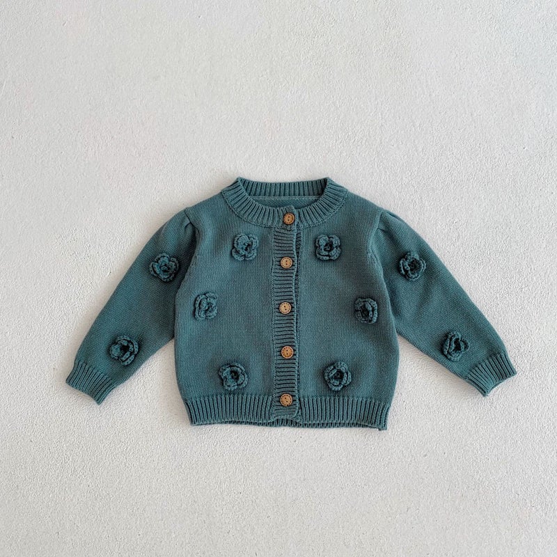 2025 Autumn Infants and Toddlers 0-3 Years Old Baby Girl Handmade Flower Knitted Cotton Gauze Jacket Round Neck Sweater Cardigan - Image 1