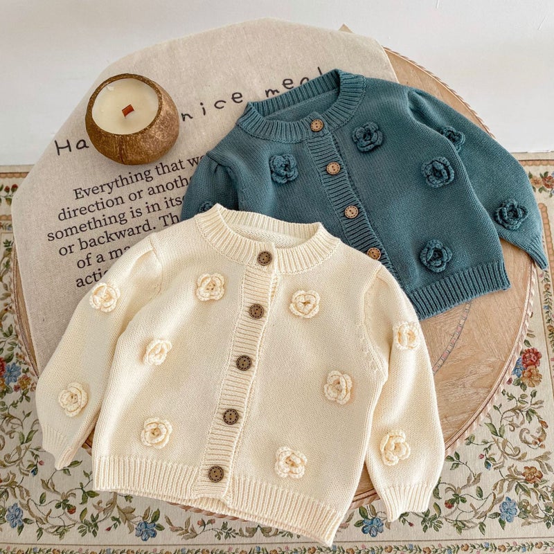 2025 Autumn Infants and Toddlers 0-3 Years Old Baby Girl Handmade Flower Knitted Cotton Gauze Jacket Round Neck Sweater Cardigan - Image 2