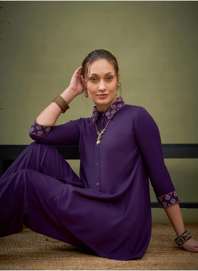 SASSAFRAS Embroidered Collar Shirt & Pants Co-Ord by Styli