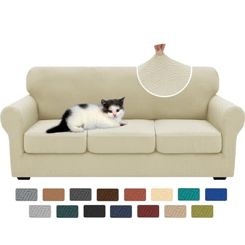 XINEAGE New 4 Pieces Couch Covers for 3 Cushion Couch Super Stretch Thick Soft Sofa Cover Anti Slip Sofa Slipcover Dogs Cats Furniture Protector Light Beige 7191