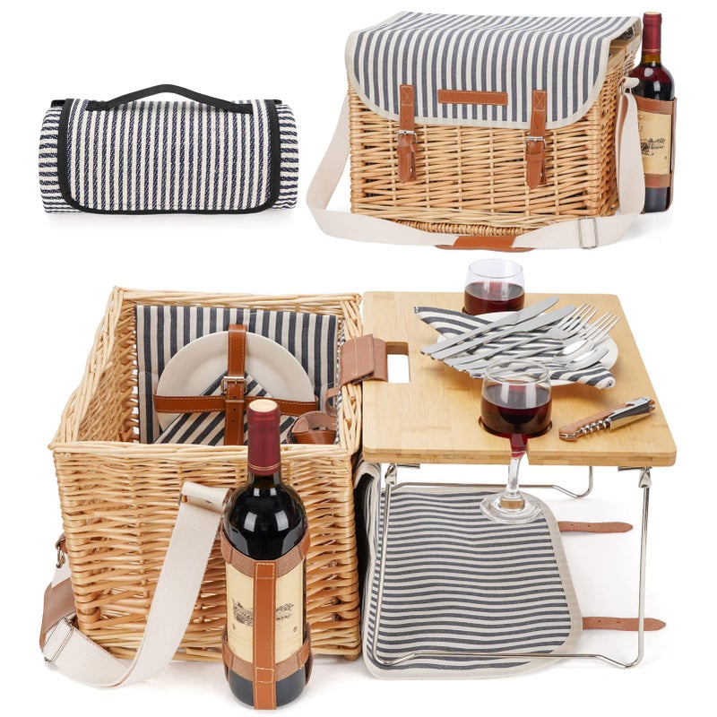 Wicker Picnic Basket for 2 with Detachable Table Elasticated Wine Holder Shoulder Carrying Willow Picnic Hamper Set with Premium Tableware  Blanket for Outdoor Wedding Anniversary Birthday Gift