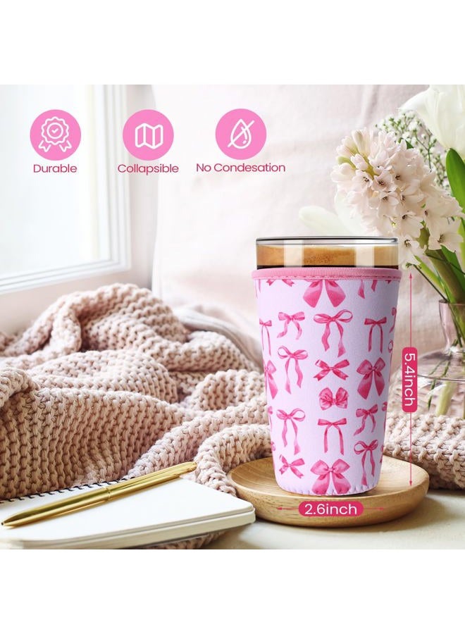 Irenare 20 Pcs Pink Bow Iced Coffee Sleeve Reusable Neoprene Insulator Cup Sleeve for Cold Beverages Cups Neoprene Holder for Cold and Hot Drinks Fits Coffee Cups (22-24oz, Medium) - Image 2