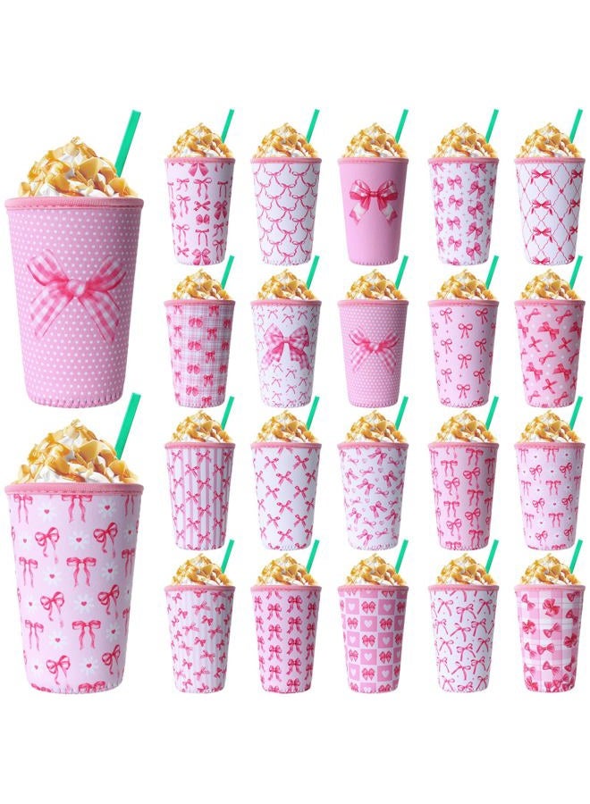 Irenare 20 Pcs Pink Bow Iced Coffee Sleeve Reusable Neoprene Insulator Cup Sleeve for Cold Beverages Cups Neoprene Holder for Cold and Hot Drinks Fits Coffee Cups (22-24oz, Medium) - Image 1