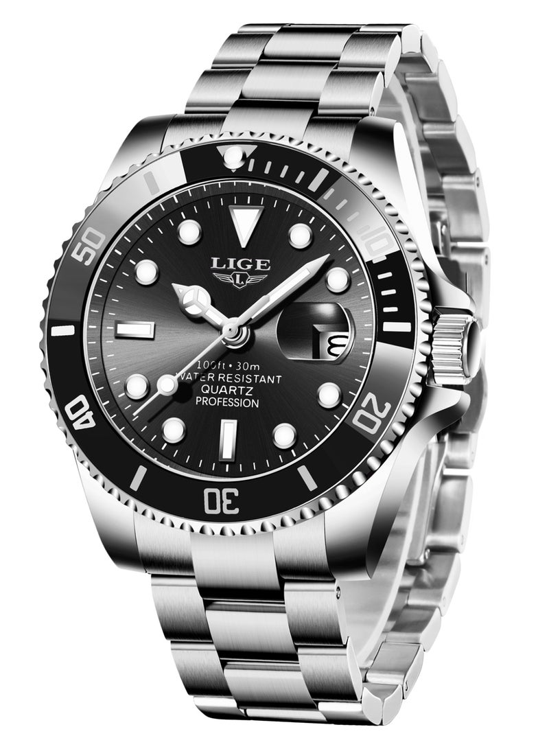 LIGE Men's Waterproof Alloy Case Stylish Steel Strap Analog Calendar Quartz Watches Submariner Black  - Image 1