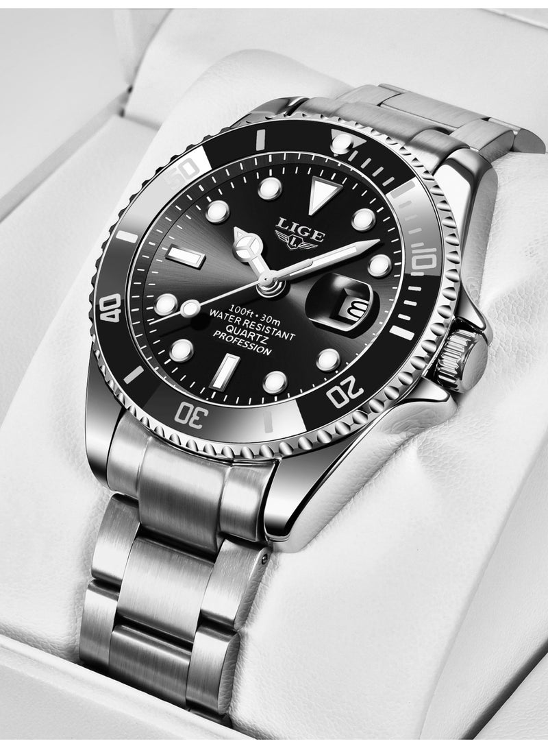 LIGE Men's Waterproof Alloy Case Stylish Steel Strap Analog Calendar Quartz Watches Submariner Black  - Image 2