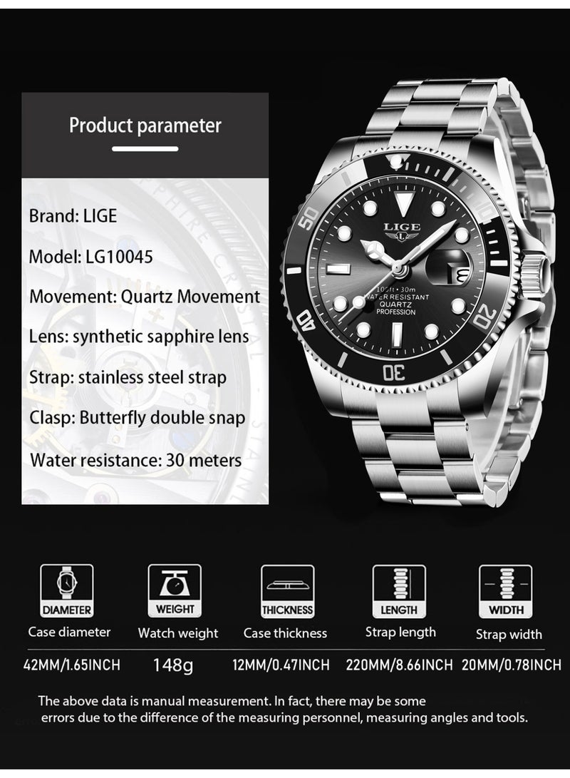 LIGE Men's Waterproof Alloy Case Stylish Steel Strap Analog Calendar Quartz Watches Submariner Black  - Image 3