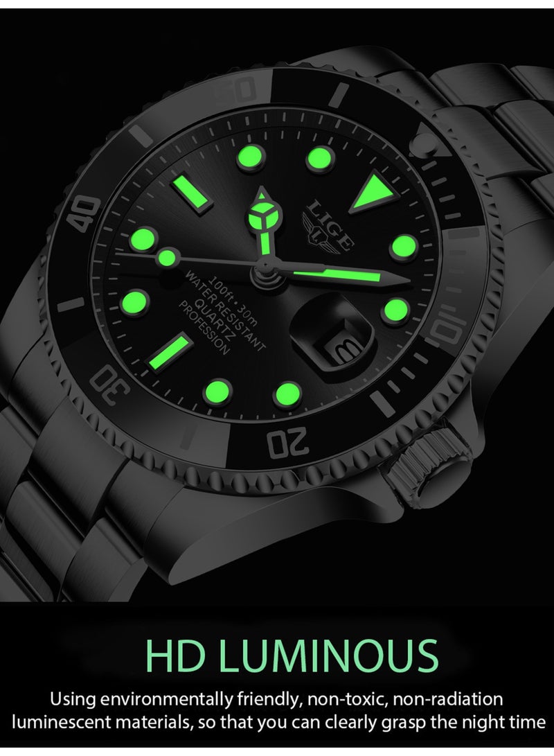 LIGE Men's Waterproof Alloy Case Stylish Steel Strap Analog Calendar Quartz Watches Submariner Black  - Image 5
