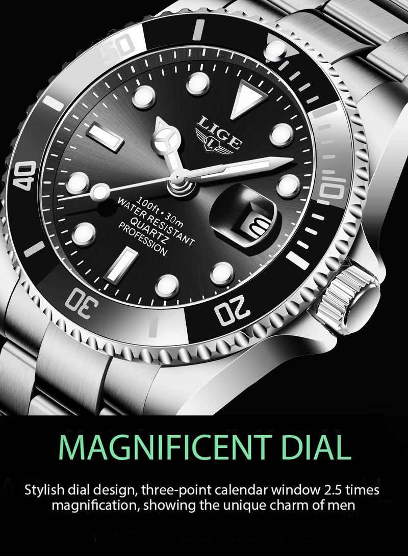 LIGE Men's Waterproof Alloy Case Stylish Steel Strap Analog Calendar Quartz Watches Submariner Black  - Image 4