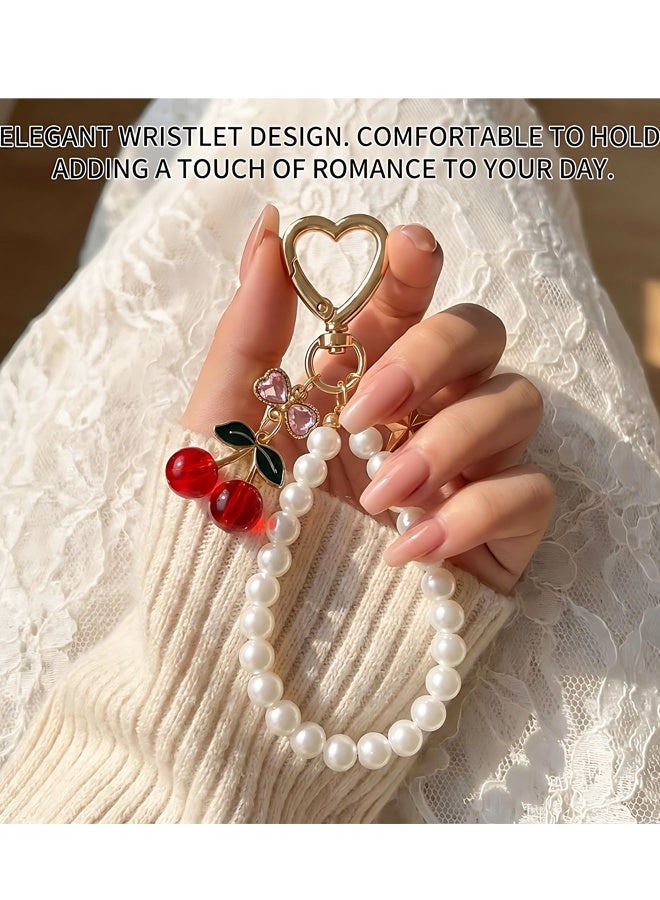 Cherry & Pearl Bow Keychain, Sparkly Bowknot Purse Charm, Flower Key Chain for Handbags, Backpacks - Image 2