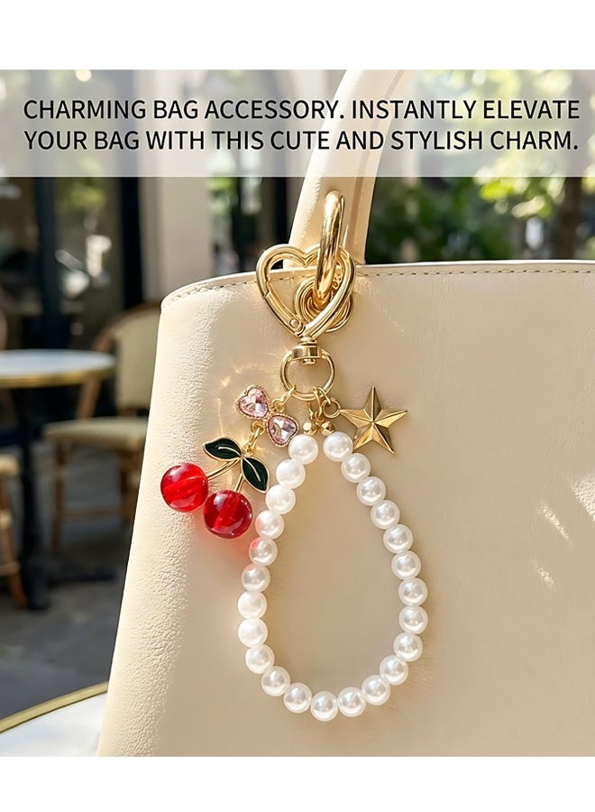 Cherry & Pearl Bow Keychain, Sparkly Bowknot Purse Charm, Flower Key Chain for Handbags, Backpacks - Image 4