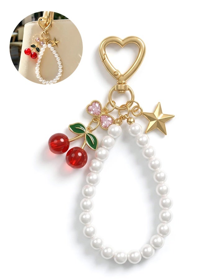 Cherry & Pearl Bow Keychain, Sparkly Bowknot Purse Charm, Flower Key Chain for Handbags, Backpacks - Image 1