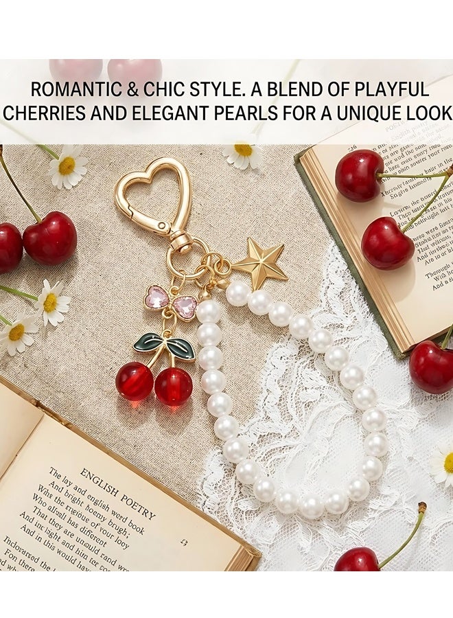 Cherry & Pearl Bow Keychain, Sparkly Bowknot Purse Charm, Flower Key Chain for Handbags, Backpacks - Image 3