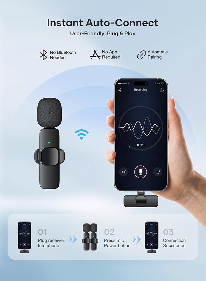 شو وو مايك لافاليير لاسلكي – ميكروفون مزدوج 2.4GHz قابل للتوصيل والتشغيل لأجهزة iPhone وType-C، مثالي للتسجيل، المقابلات، والتدوين بالفيديو - Image 2