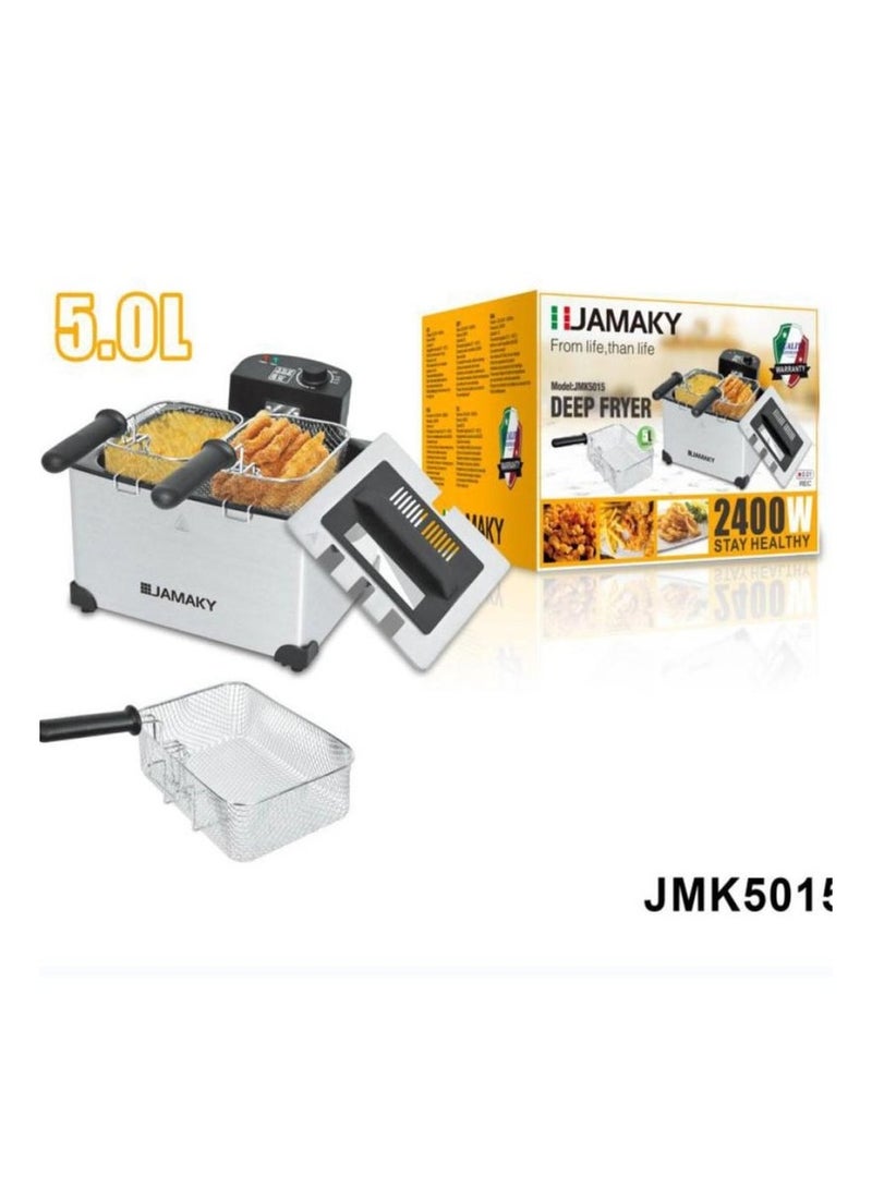 Jamaky Italy قلايه زيت  عميقة 5 لتر بتحكم في درجة الحرارة، 2500 واط، فضي من جماكي ايطالي JMK5015 