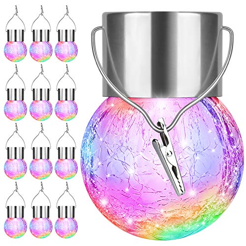 Bosceos 12Pack Outdoor Hanging Solar Lights - Cracked Glass Solar Lights Waterproof LED Decorative Ball Lights Tree Solar Powered Globe Lights with Hook for Garden Yard Fence Christmas Decoration, Multicolor - Image 1