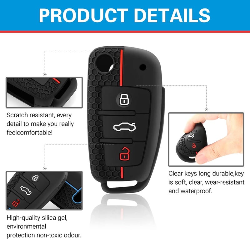 Noenaeni 2PCS Car Key Cover for Audi with Lanyard - TPU Silicone Key Fob Cover Compatible with Multiple Audi Models - Image 3