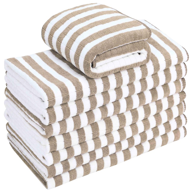 gryeer 8 Pack Microfibre Tea Towels Super Absorbent Soft and Thick Kitchen Towels Check designed with Hanging Loops 65 x 45 cm Khaki
