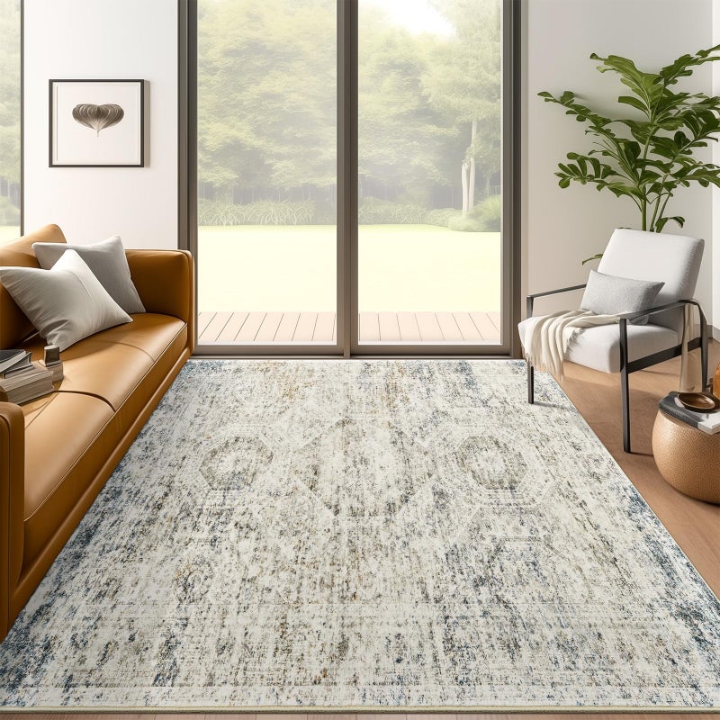 Soalmost 5x7 Area Rugs Blue Ivory Low Pile Indoor Washable Trendy Faded Style Rugs for Bedroom Living Room Dining Room Foldable NonSlip Thin Print Mat