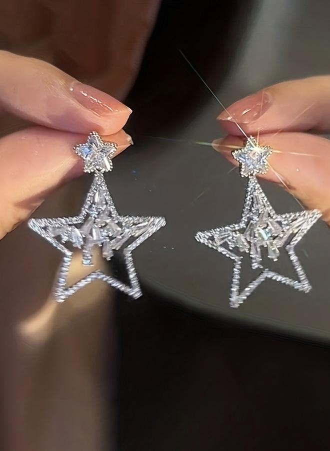Take Two Embellished Silver Star Dangle Earrings - Image 1
