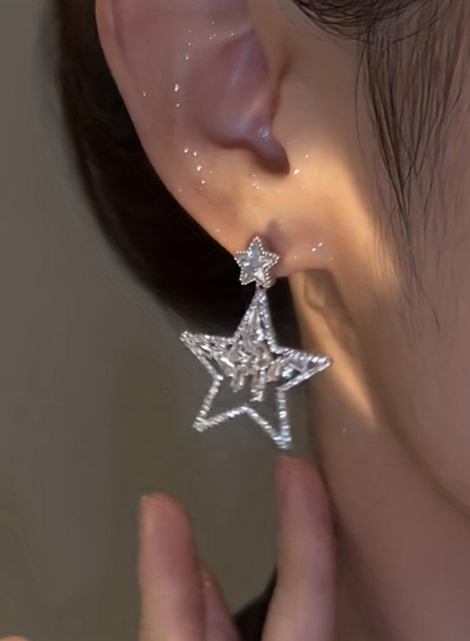 Take Two Embellished Silver Star Dangle Earrings - Image 2