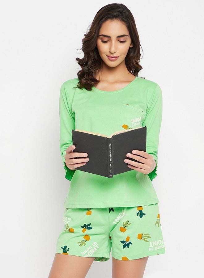 Clovia Chic Basic Top & Cactus Print Shorts Set in Mint Green - 100% Cotton - Image 1