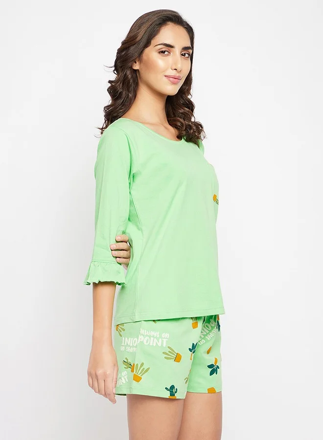 Clovia Clovia Chic Basic Top & Cactus Print Shorts Set in Mint Green - 100% Cotton