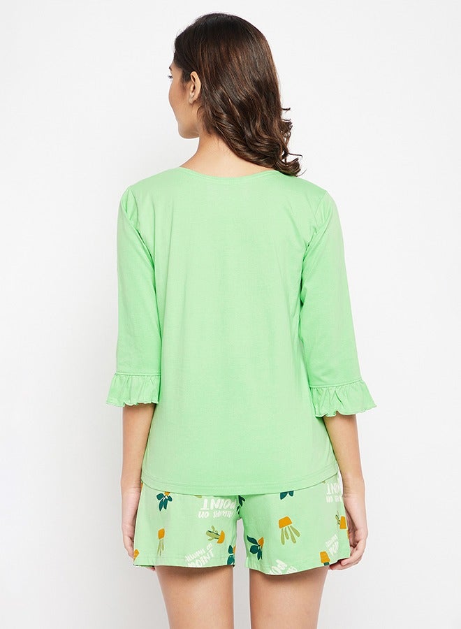 Clovia Chic Basic Top & Cactus Print Shorts Set in Mint Green - 100% Cotton - Image 5