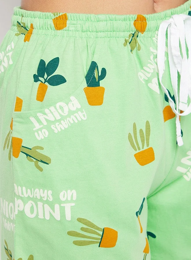 Clovia Clovia Chic Basic Top & Cactus Print Shorts Set in Mint Green - 100% Cotton