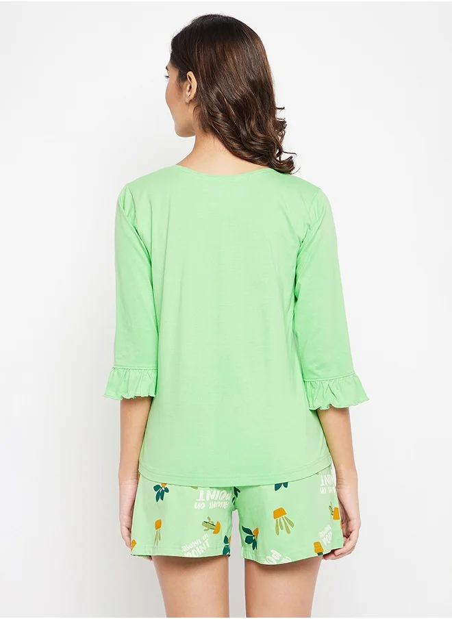 Clovia Clovia Chic Basic Top & Cactus Print Shorts Set in Mint Green - 100% Cotton