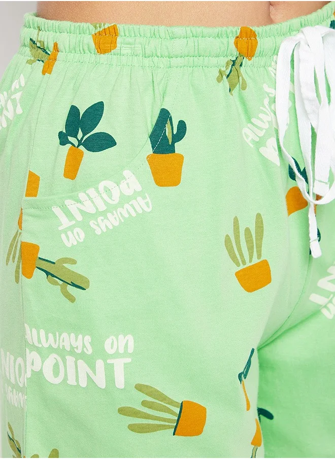 Clovia Clovia Chic Basic Top & Cactus Print Shorts Set in Mint Green - 100% Cotton