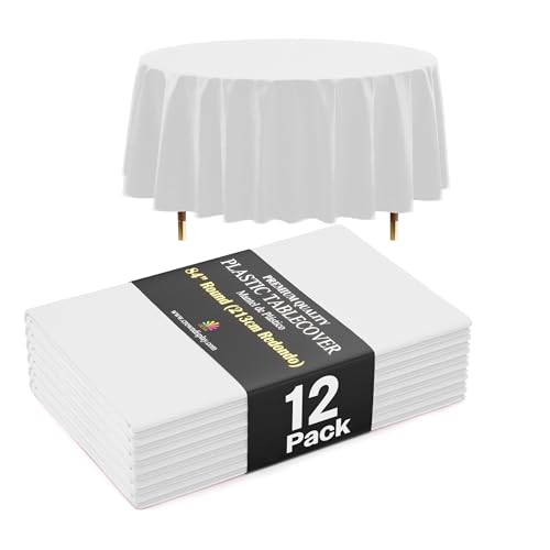Exquisite 66% Thicker Premium White Round Tablecloth 0.5 Mil 12 Pack Plastic Table Cloth Disposable 84 Inch Round Plastic Tablecloth Won't Tear Easily Like Cheap Thin Brands - Image 1
