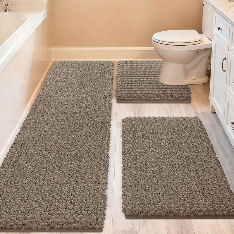 ACCUMTEK Upgrade Extra Large Dark Beige Bathroom Rug Set 3 Pieces Gray Ultra Soft, Thick Absorbent Bath Mats, Non Slip Chenille Toilet Mat Bathroom, Bedroom, Kitchen, Taupe - Image 1