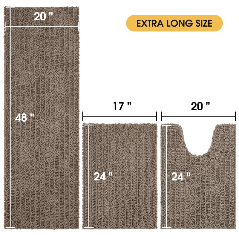 ACCUMTEK Upgrade Extra Large Dark Beige Bathroom Rug Set 3 Pieces Gray Ultra Soft, Thick Absorbent Bath Mats, Non Slip Chenille Toilet Mat Bathroom, Bedroom, Kitchen, Taupe - Image 2