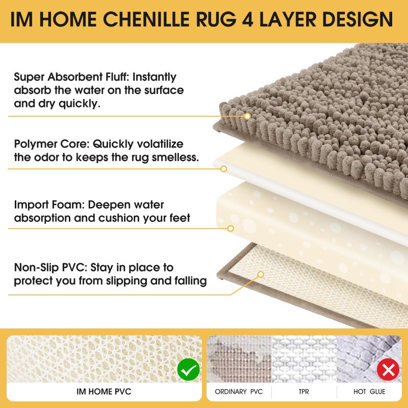 ACCUMTEK Upgrade Extra Large Dark Beige Bathroom Rug Set 3 Pieces Gray Ultra Soft, Thick Absorbent Bath Mats, Non Slip Chenille Toilet Mat Bathroom, Bedroom, Kitchen, Taupe - Image 5