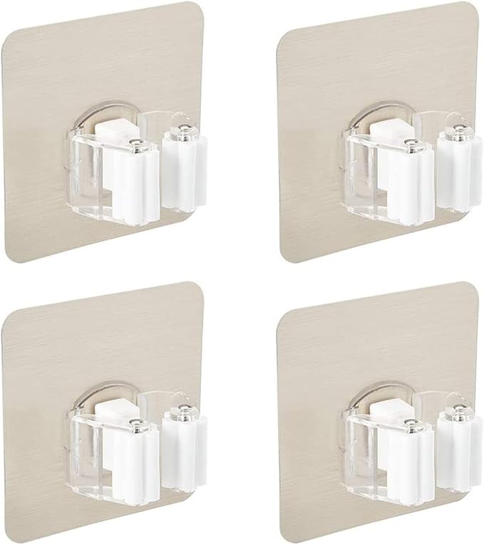 SOLARAE 4 Pcs Mop Broom Holder Self Adhesive Organizer Wall Mount Clips for Kitchen Bathroom Closet Garden Garage (White) - Image 1