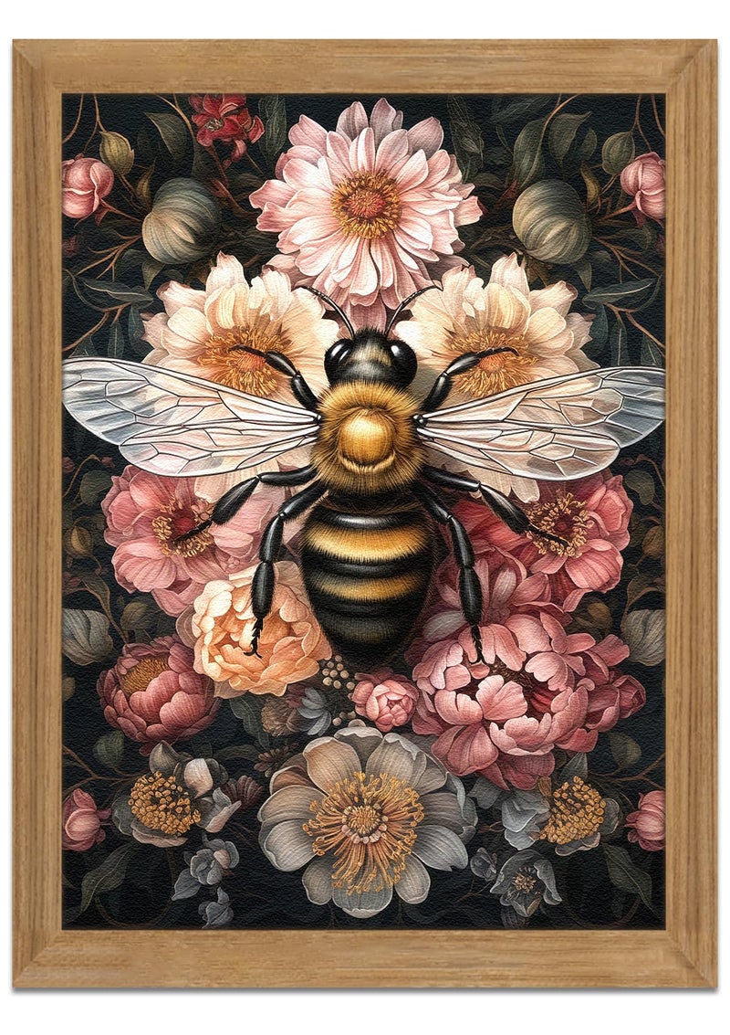 Framed Vintage 3D Textured Wall Art  Dark College Bee Flowers Wall Decor  Hand Drawn Sandstone Nature Botanical Pictures for Living Room Bedroom Home Decor 12x16in