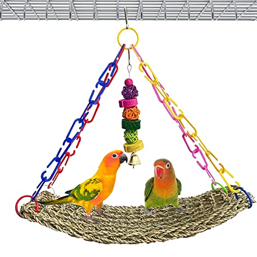 kathson Bird Seagrass MatBirds Swing ToyNatural Grass Handmade Woven Hammock Hanging Parrot Lounger with Colour Toys for LovebirdCockatielCanaryParakeetsFinchBudgie 2 Pcs - Image 1