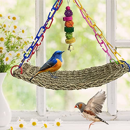 kathson Bird Seagrass MatBirds Swing ToyNatural Grass Handmade Woven Hammock Hanging Parrot Lounger with Colour Toys for LovebirdCockatielCanaryParakeetsFinchBudgie 2 Pcs - Image 3