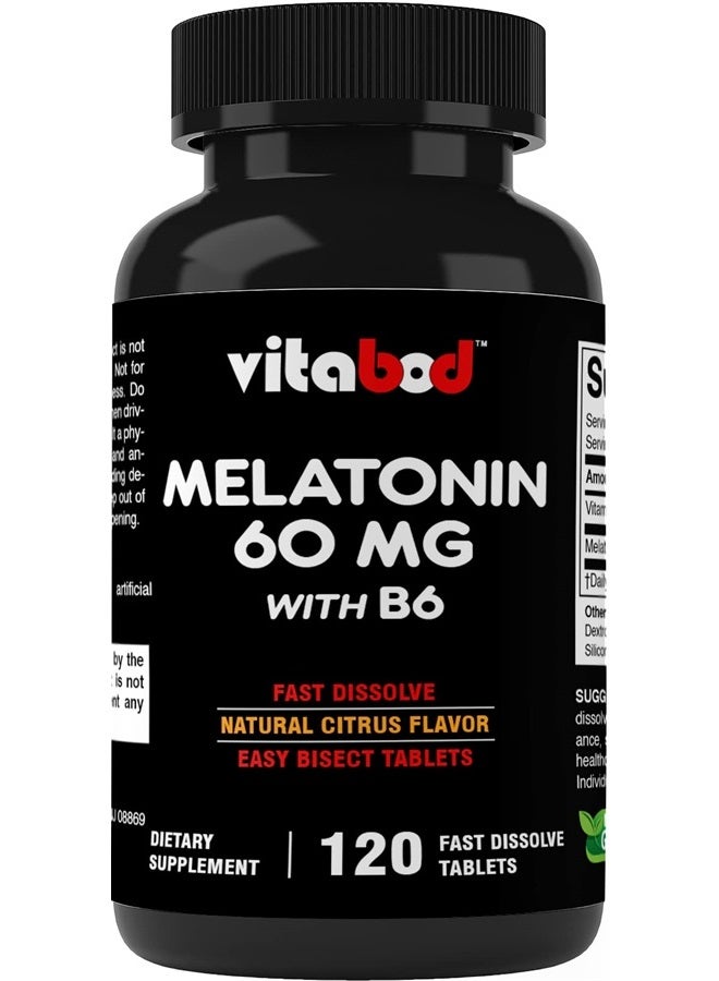 Vitabod Melatonin 60mg with B6-120 Fast Dissolve Tablets - Drug Free - Natural Citrus Flavor - Vegetarian, Non-GMO, Gluten Free - Image 1