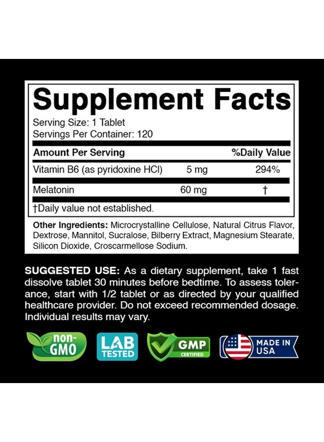 Vitabod Melatonin 60mg with B6-120 Fast Dissolve Tablets - Drug Free - Natural Citrus Flavor - Vegetarian, Non-GMO, Gluten Free - Image 2