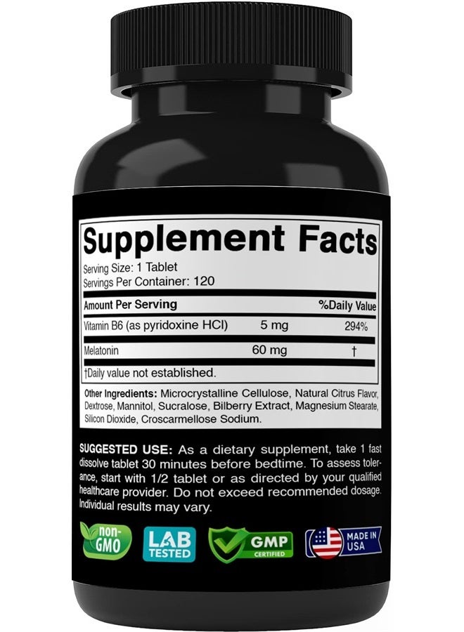 Vitabod Melatonin 60mg with B6-120 Fast Dissolve Tablets - Drug Free - Natural Citrus Flavor - Vegetarian, Non-GMO, Gluten Free - Image 4