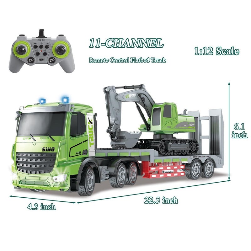 SiNO RC Semi-Trailer Truck & Excavator Toy Set, 1:12 Scale with Sound and Lights, 2.4GHz Remote Control Flatbed Truck and Excavator Toys for Boys 6-12 Years Old, Dual Remote Control Construction Vehicle Set, Switchable RC Excavator with Alloy Bucket, Alloy Tractor Head, Birthday Gift - Image 2