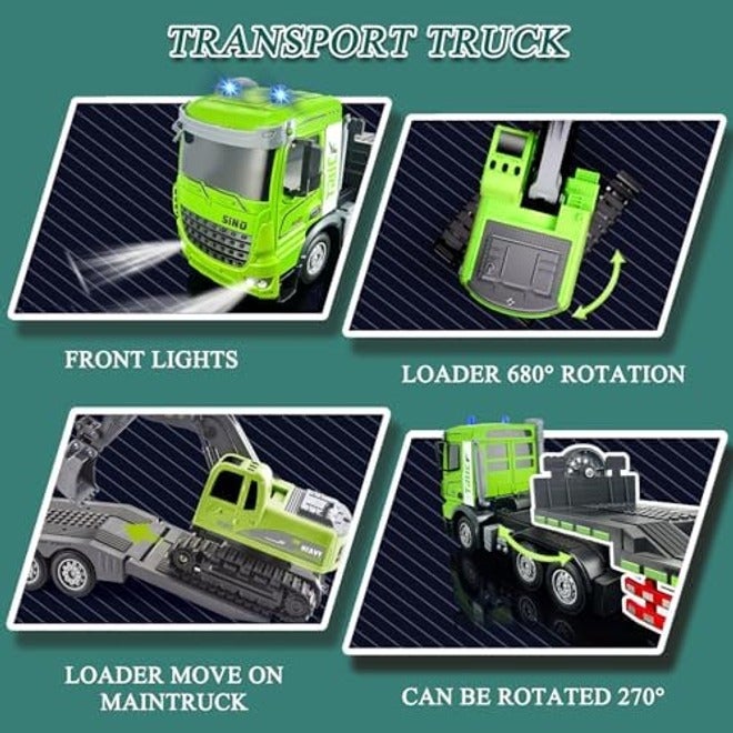 SiNO RC Semi-Trailer Truck & Excavator Toy Set, 1:12 Scale with Sound and Lights, 2.4GHz Remote Control Flatbed Truck and Excavator Toys for Boys 6-12 Years Old, Dual Remote Control Construction Vehicle Set, Switchable RC Excavator with Alloy Bucket, Alloy Tractor Head, Birthday Gift - Image 4