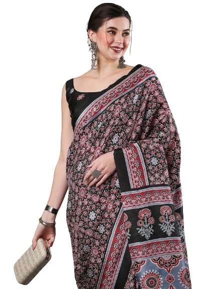 SAREE MALL Women's Ajrak Block Print Dola Silk Saree With Unstitched Blouse Piece (Black_KUMRN202_SM) - Image 1