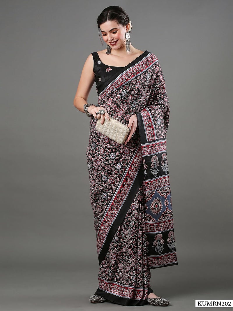 SAREE MALL Women's Ajrak Block Print Dola Silk Saree With Unstitched Blouse Piece (Black_KUMRN202_SM) - Image 3