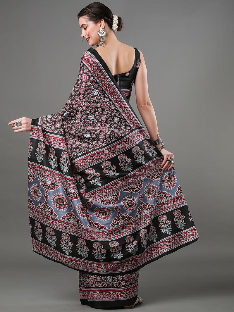 SAREE MALL Women's Ajrak Block Print Dola Silk Saree With Unstitched Blouse Piece (Black_KUMRN202_SM) - Image 2